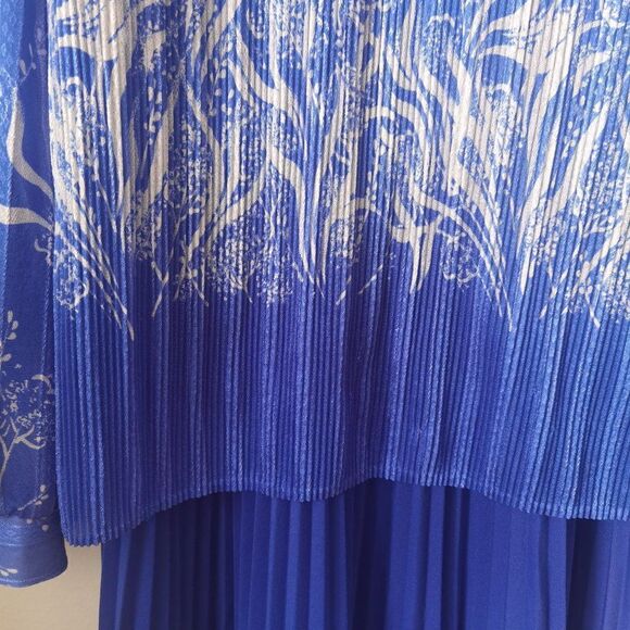 Blue & White Pleated Vintage long Sleeve Midi 70s Polyester - Picture 4 of 6